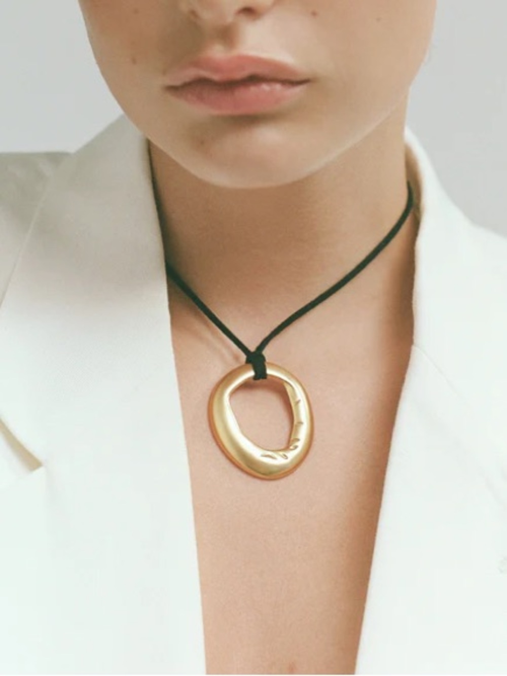 Gold Organic Hoop Pendant Necklace on Black Cord